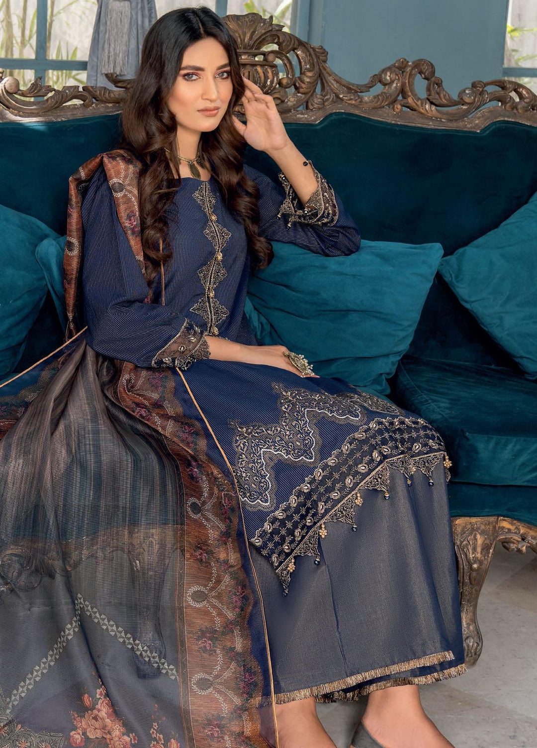 IZA-NUR by Resham Ghar Embroidered Missouri Suits Unstitched 3 Piece RG22ZLE INLE-06 - Luxury Collection