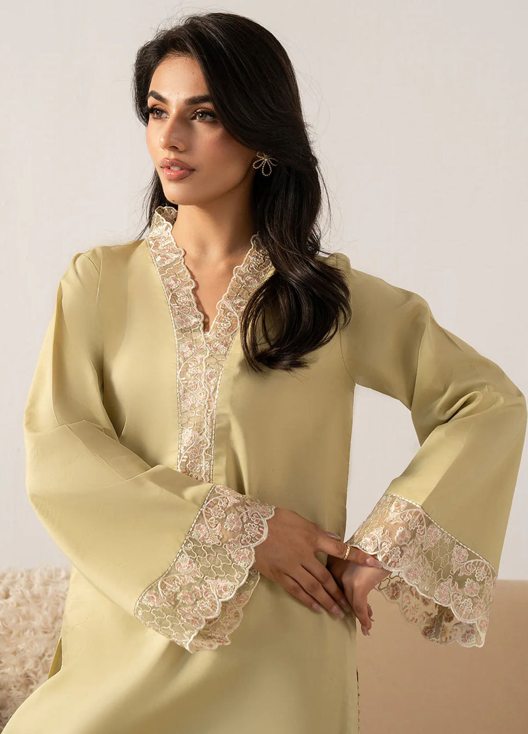 Izel Pret Embroidered Cotton 2 Piece Suit Fawn
