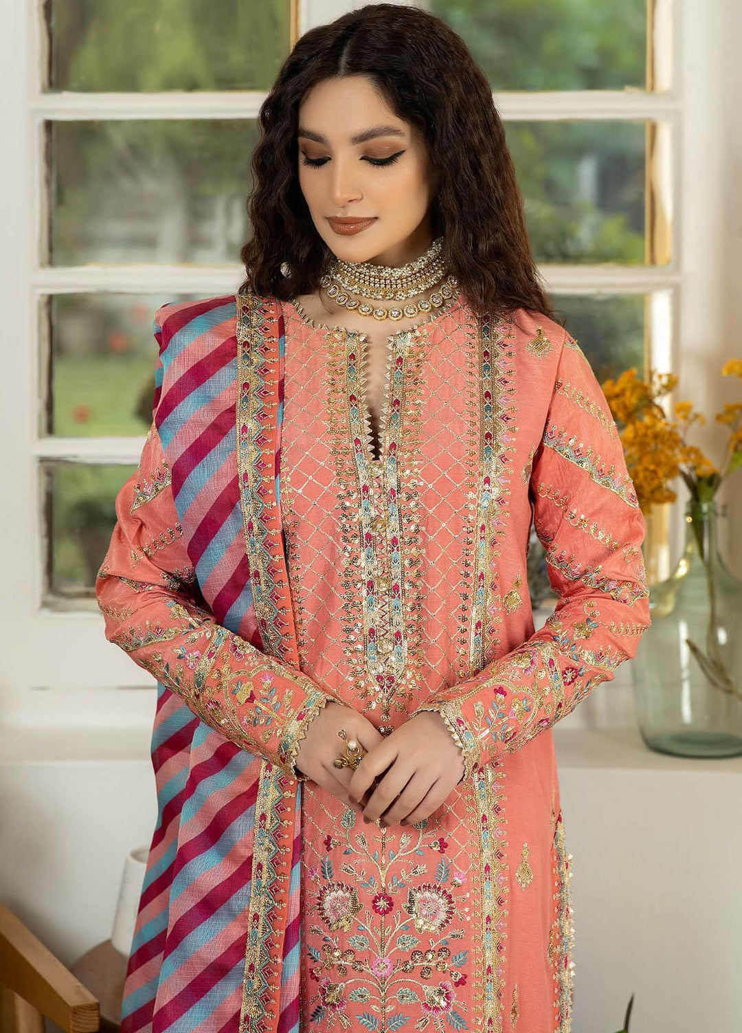 Jahaan Ara By Serene Premium Embroidered Raw Silk Suits Unstitched 3 Piece SP23JA SRS-01 Mahjabeen - Luxury Collection
