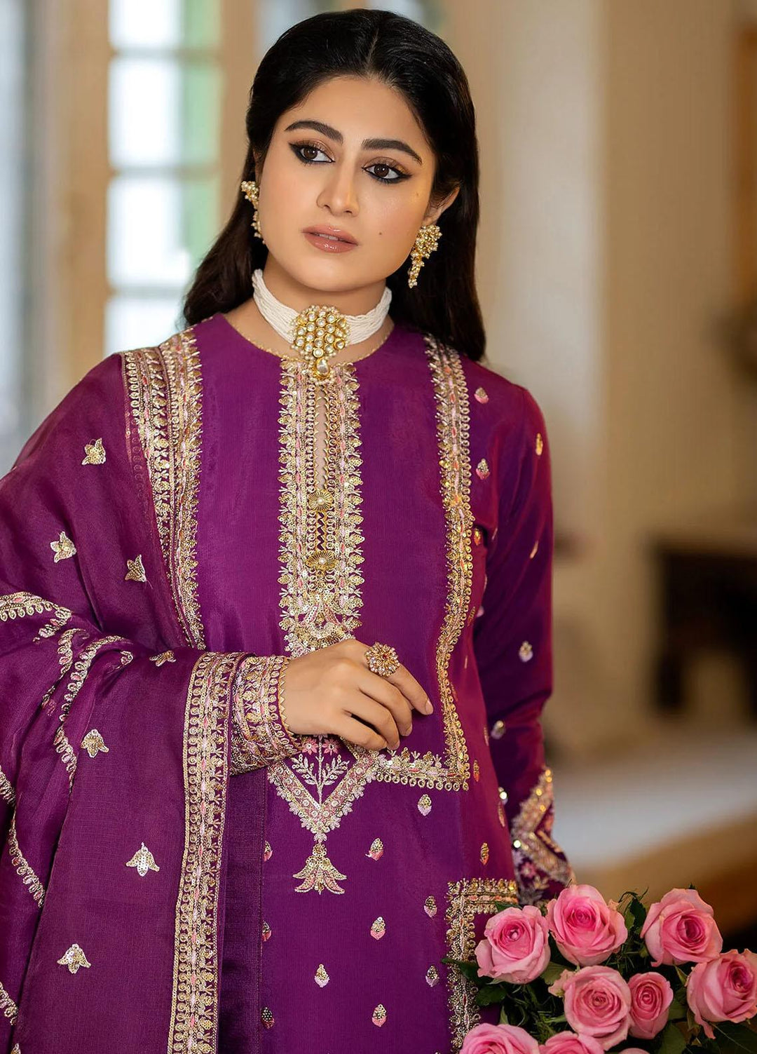 Jahaan Ara By Serene Premium Embroidered Raw Silk Suits Unstitched 3 Piece SP23JA SRS-02 Nazakat - Luxury Collection