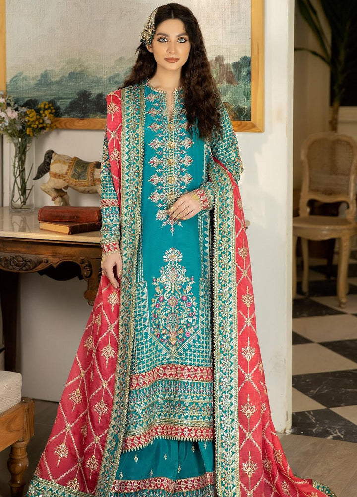 Jahaan Ara By Serene Premium Embroidered Raw Silk Suits Unstitched 3 Piece SP23JA SRS-03 Raqs - Luxury Collection