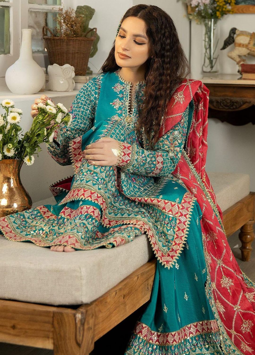 Jahaan Ara By Serene Premium Embroidered Raw Silk Suits Unstitched 3 Piece SP23JA SRS-03 Raqs - Luxury Collection