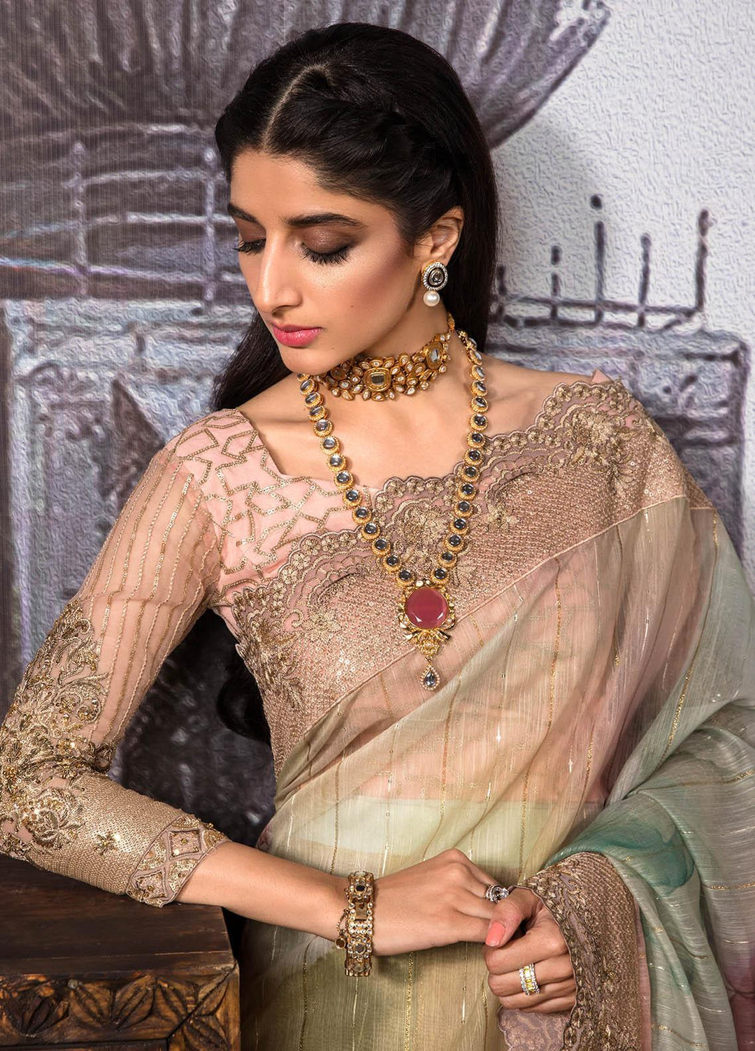 Jahan Aara By Nayab Embroidered   Unstitched Saree NB23JA NS-001 Dhanak - Premium Collection