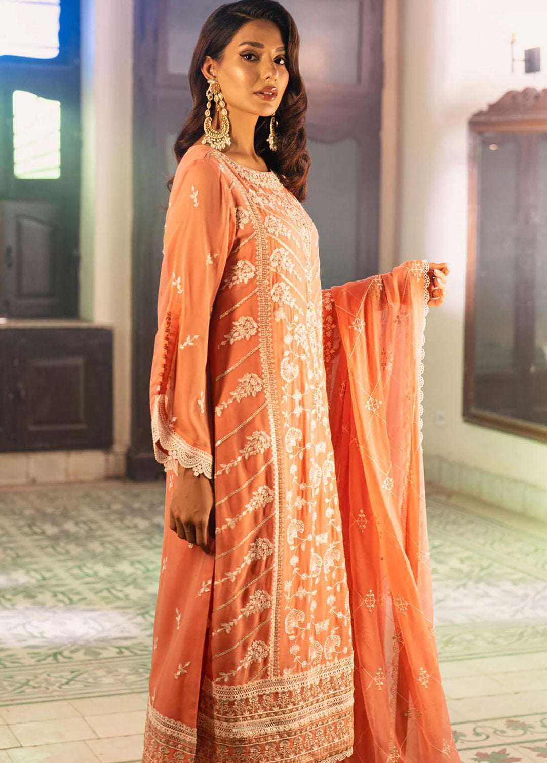 Jahan Ara By Shamooz Embroidered Chiffon Suits Unstitched 4 Piece SHM24JA SU-084 Coral - Festive Collection