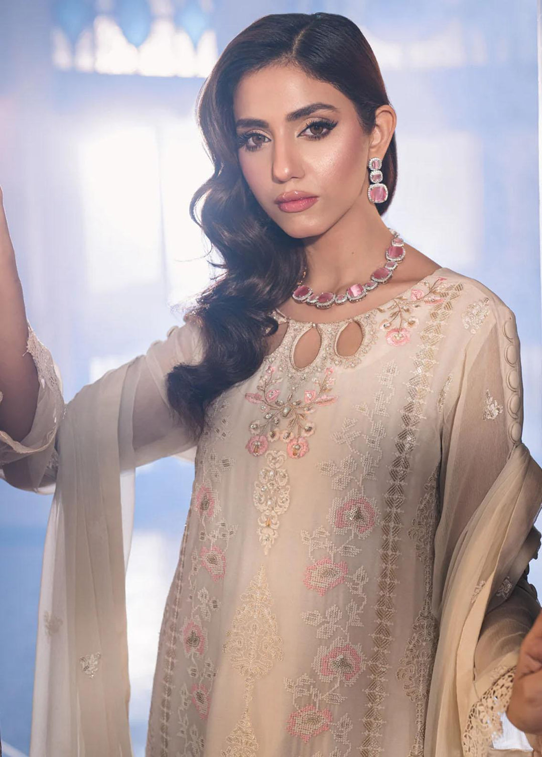 Jahan Ara By Shamooz Embroidered Chiffon Suits Unstitched 4 Piece SHM24JA SU-085 Light Fawn - Festive Collection