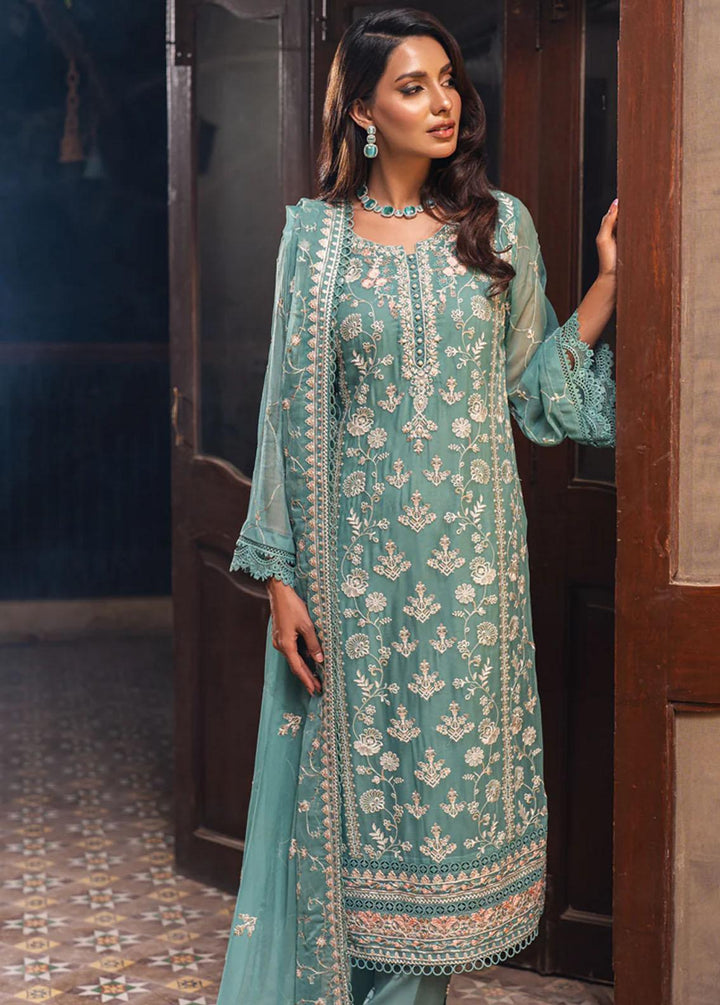 Jahan Ara By Shamooz Embroidered Chiffon Suits Unstitched 4 Piece SHM24JA SU-086 Aqua - Festive Collection