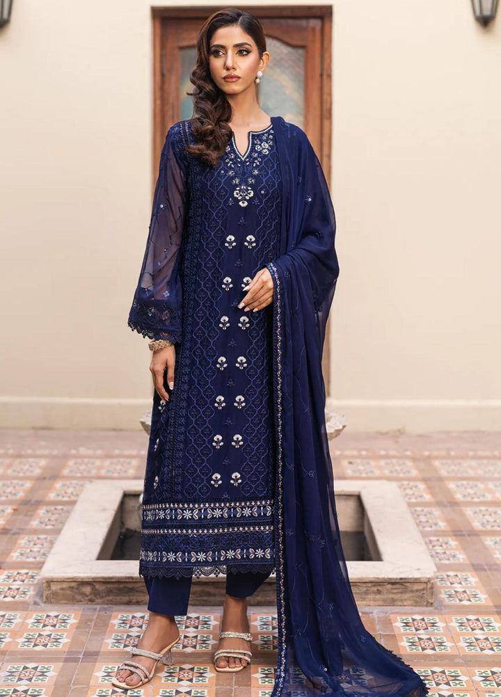 Jahan Ara By Shamooz Embroidered Chiffon Suits Unstitched 4 Piece SHM24JA SU-088 Royal Blue - Festive Collection