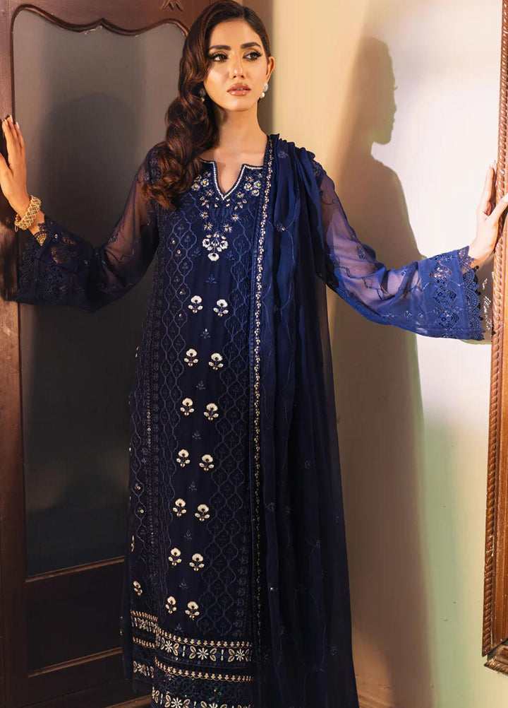 Jahan Ara By Shamooz Embroidered Chiffon Suits Unstitched 4 Piece SHM24JA SU-088 Royal Blue - Festive Collection