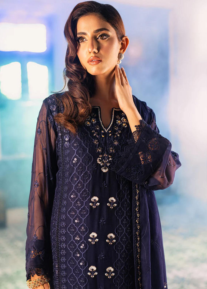 Jahan Ara By Shamooz Embroidered Chiffon Suits Unstitched 4 Piece SHM24JA SU-088 Royal Blue - Festive Collection