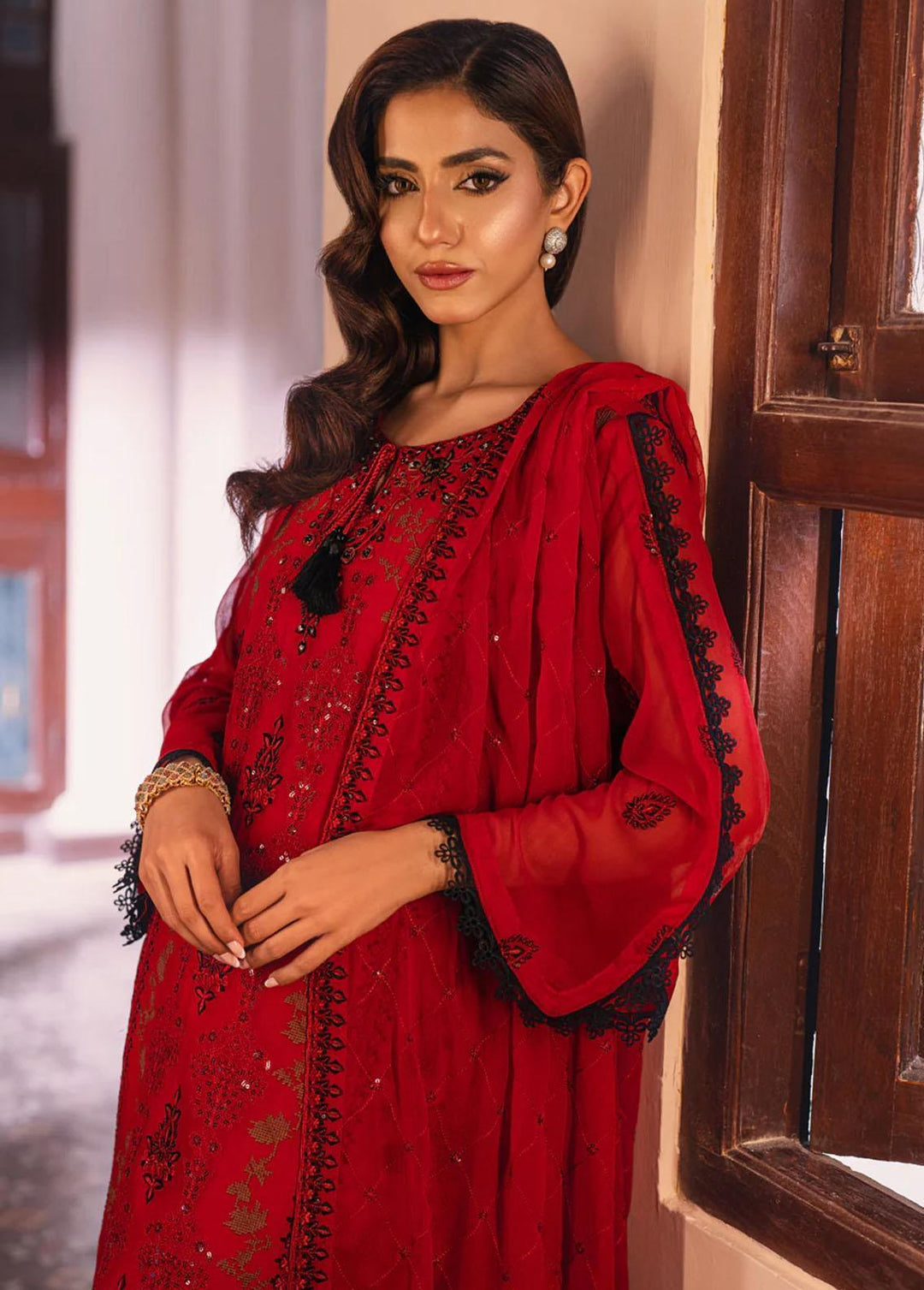 Jahan Ara By Shamooz Embroidered Chiffon Suits Unstitched 4 Piece SHM24JA SU-089 Burgundy - Festive Collection