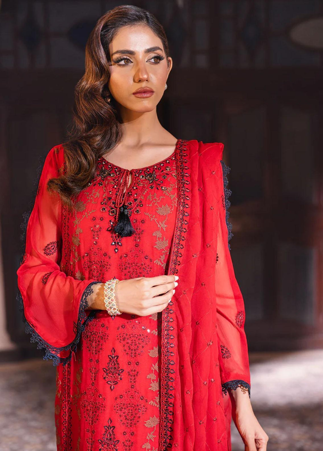 Jahan Ara By Shamooz Embroidered Chiffon Suits Unstitched 4 Piece SHM24JA SU-089 Burgundy - Festive Collection