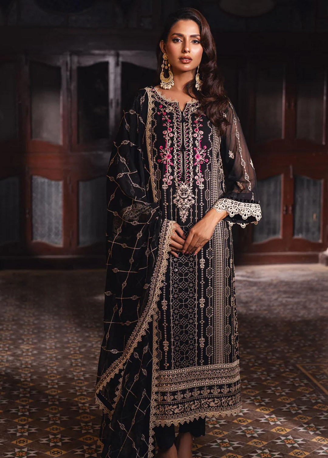 Jahan Ara By Shamooz Embroidered Chiffon Suits Unstitched 4 Piece SHM24JA SU-090 Black - Festive Collection