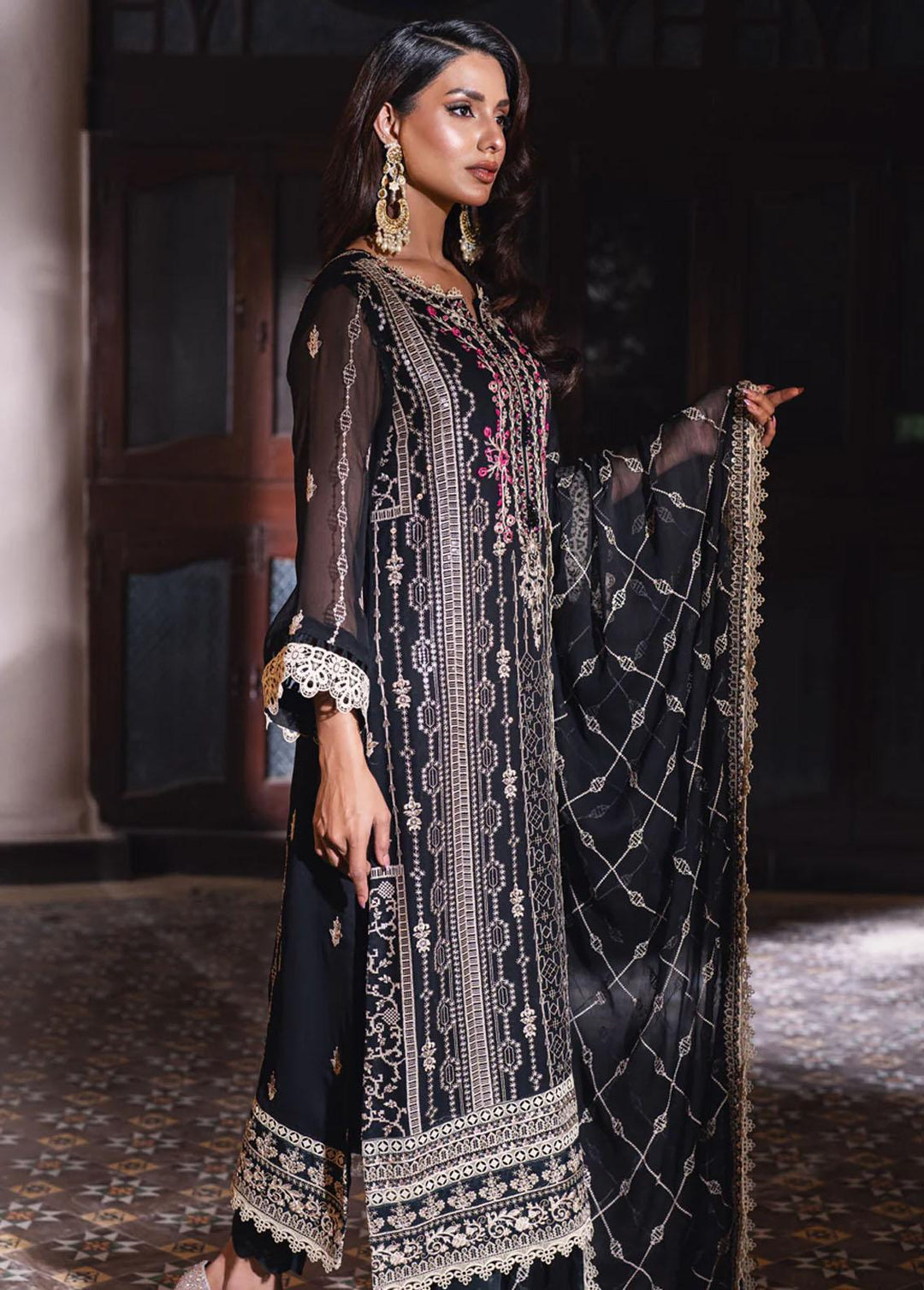 Jahan Ara By Shamooz Embroidered Chiffon Suits Unstitched 4 Piece SHM24JA SU-090 Black - Festive Collection