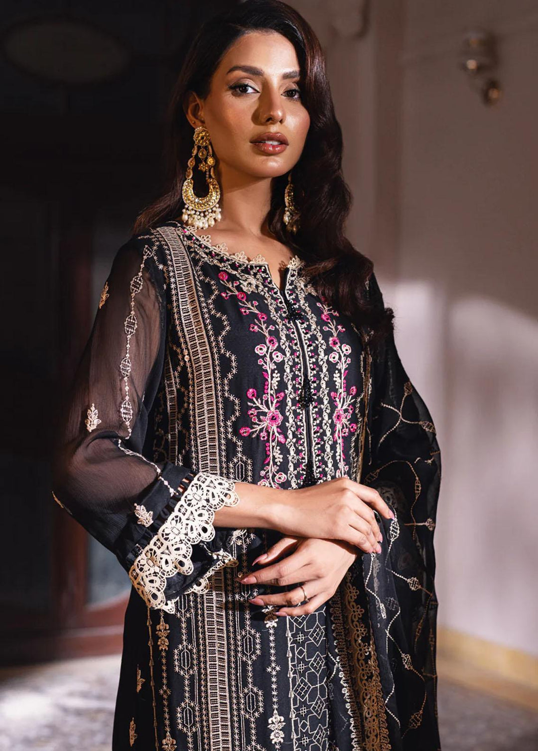 Jahan Ara By Shamooz Embroidered Chiffon Suits Unstitched 4 Piece SHM24JA SU-090 Black - Festive Collection