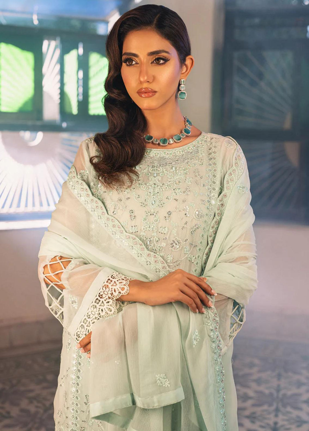 Jahan Ara By Shamooz Embroidered Chiffon Suits Unstitched 4 Piece SHM24JA SU-091 Opal - Festive Collection