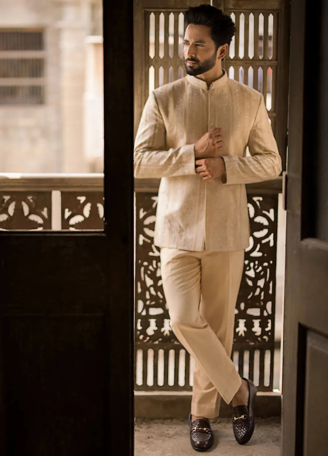Jahan By Erum Khan Embroidered Men Raw Silk Suit Unstitched 3 Piece EK24JV2 Chand - Formals Collection