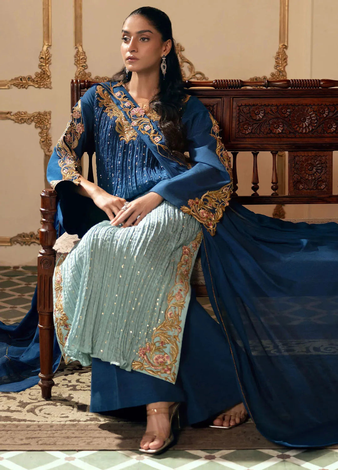 Jamnii Pret Embroidered Chiffon 3 Piece Suit Sapphire Skies