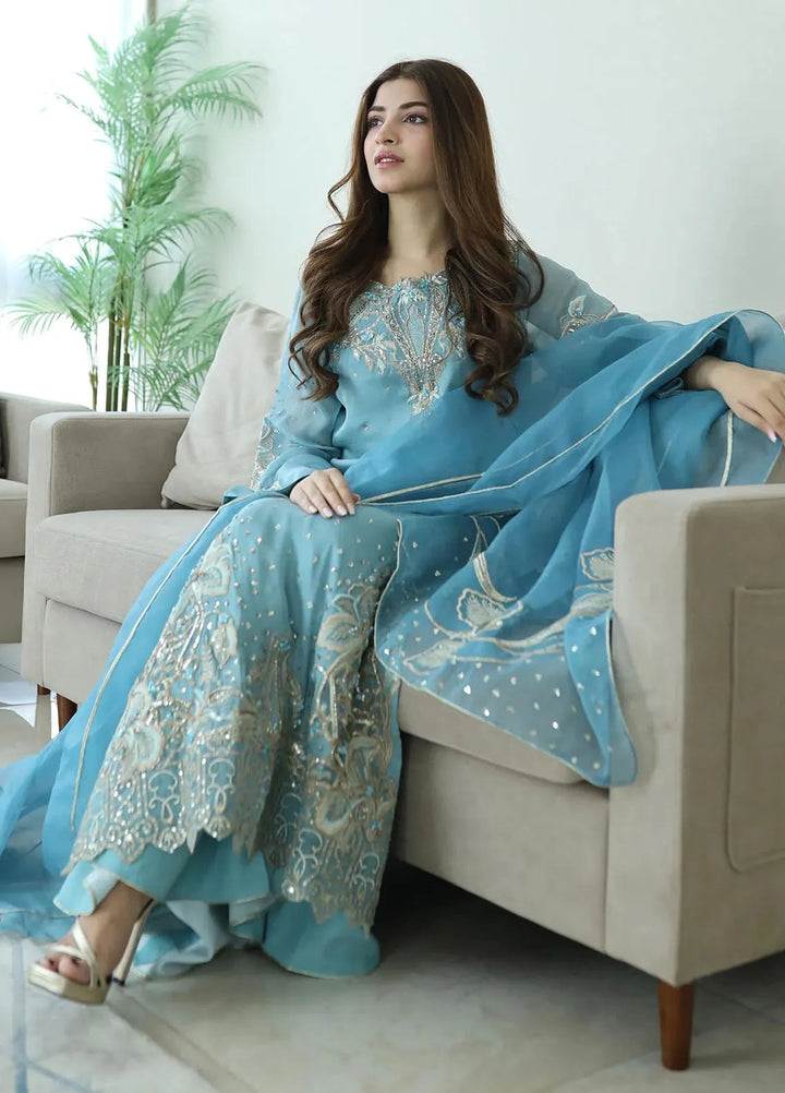 Jamnii Pret Embroidered Chiffon Silk 3 Piece Suit Blue Whispers