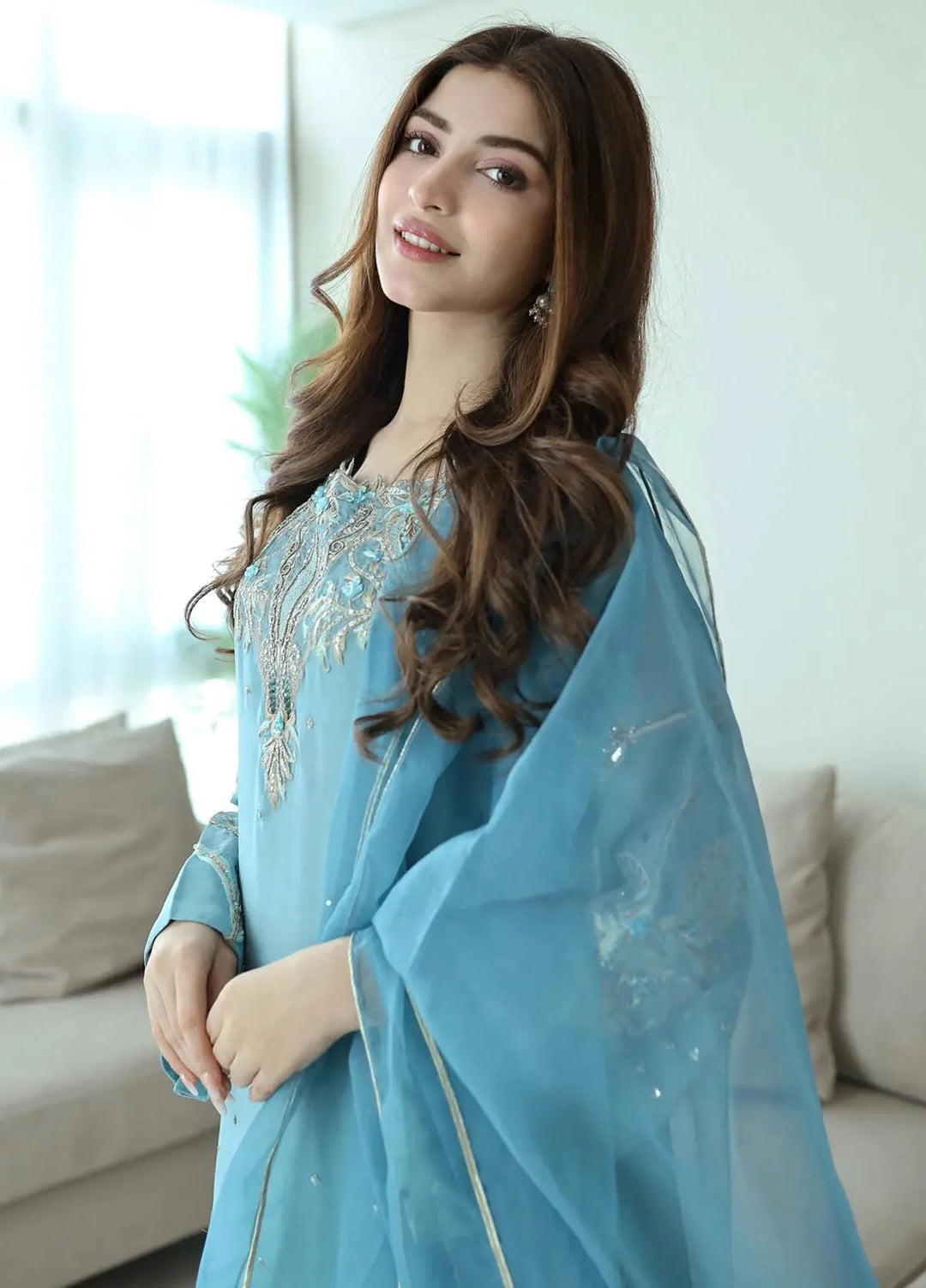 Jamnii Pret Embroidered Chiffon Silk 3 Piece Suit Blue Whispers