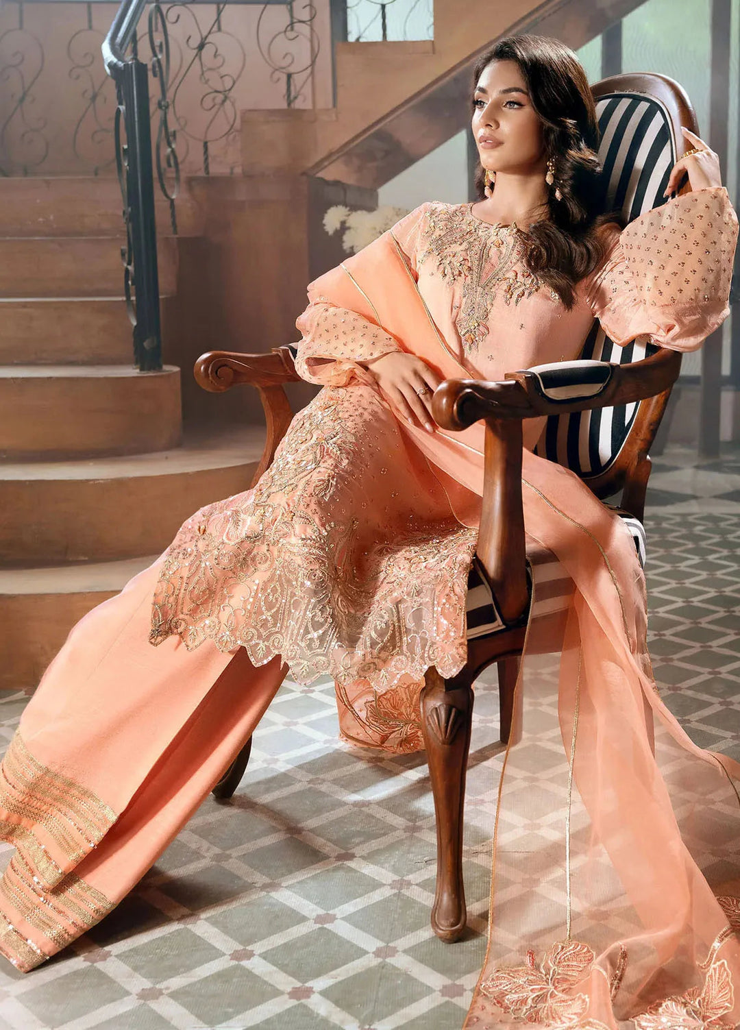 Jamnii Pret Embroidered Chiffon Silk 3 Piece Suit Coral Charm