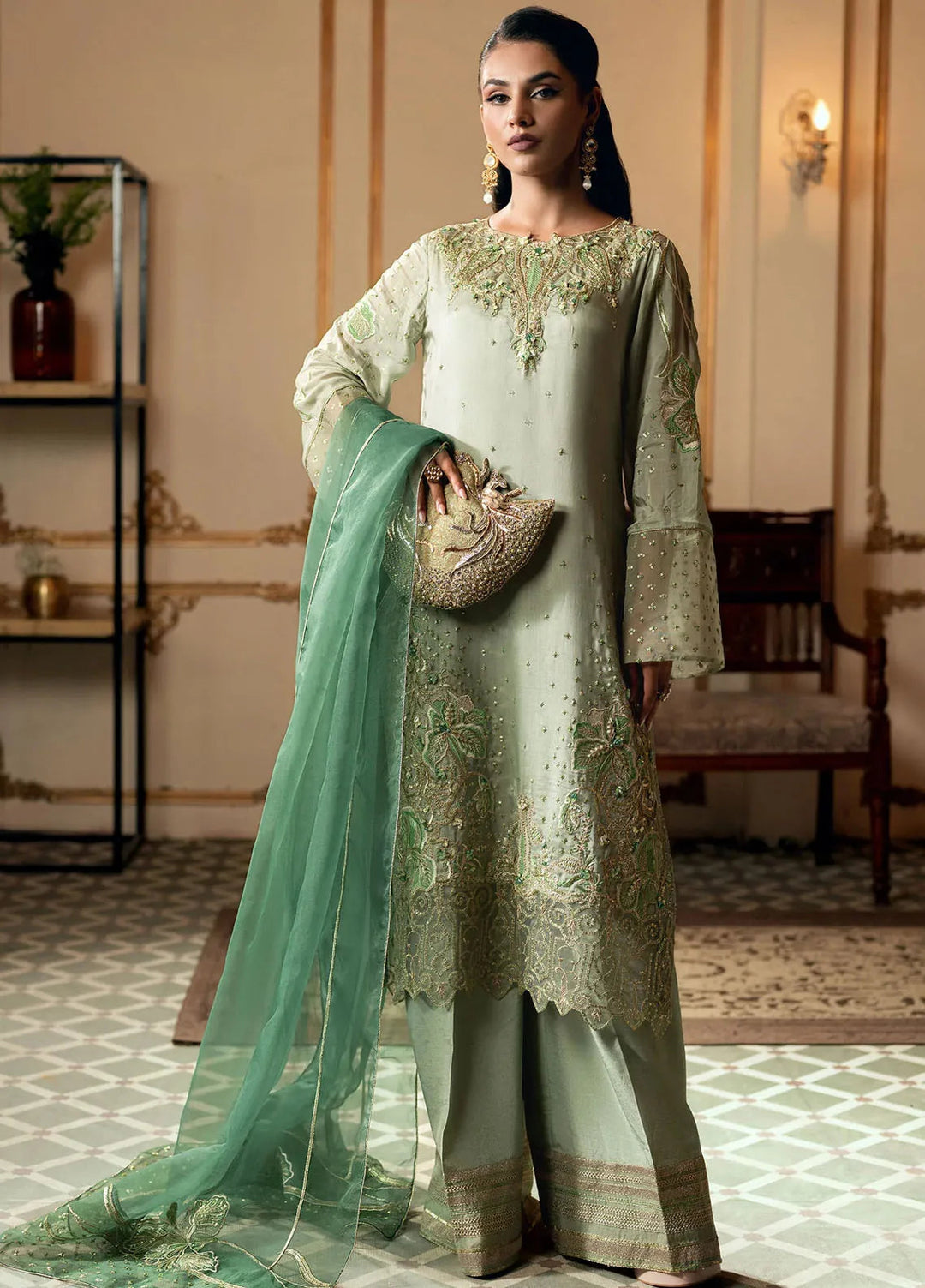 Jamnii Pret Embroidered Chiffon Silk 3 Piece Suit Emerald Glow