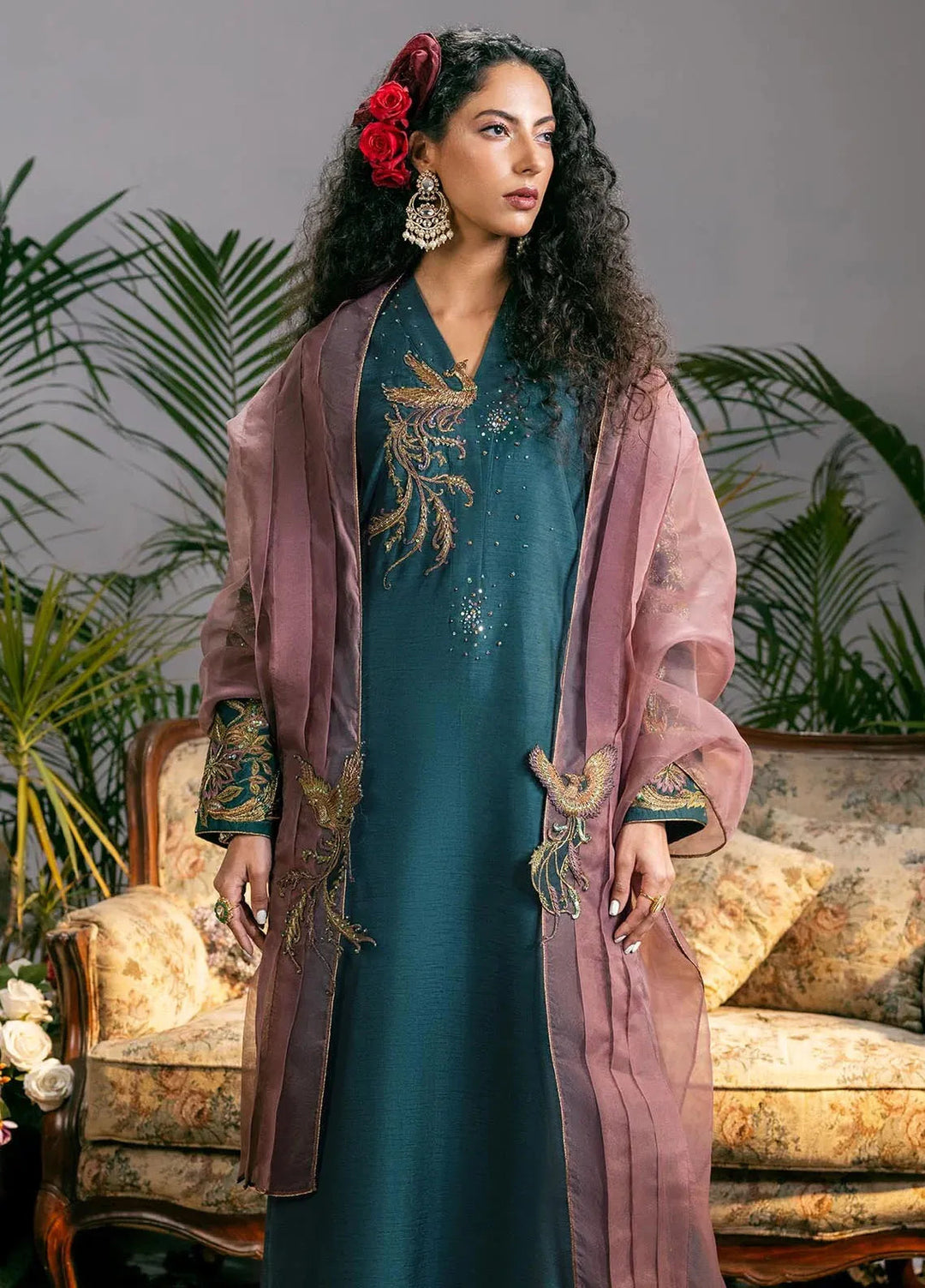 Jamnii Pret Embroidered Korean Silk 3 Piece Suit Mystical Avian