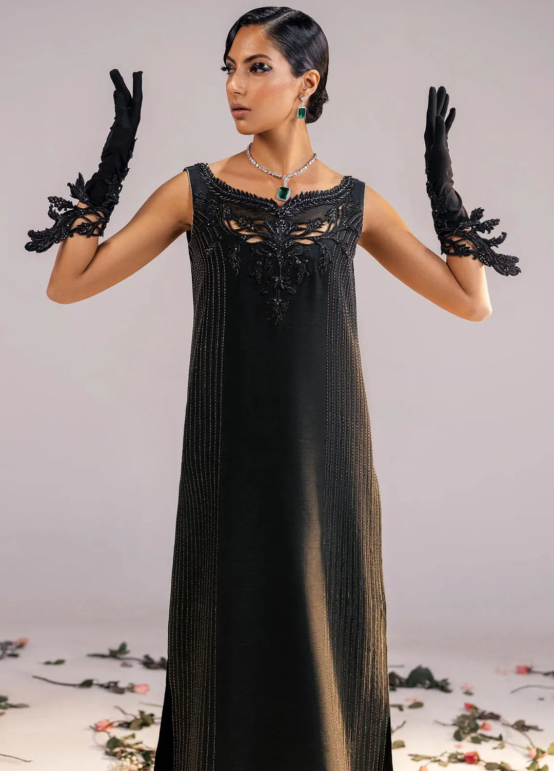Jamnii Pret Embroidered Raw Silk 3 Piece Suit Dark Canvous