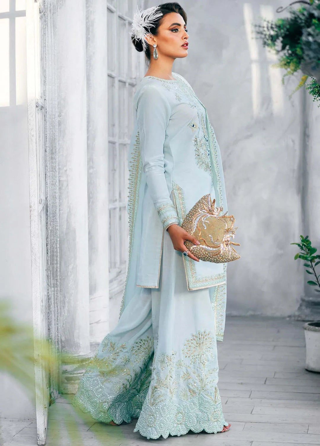Jamnii Pret Embroidered Silk 3 Piece Suit Aqua Bloom