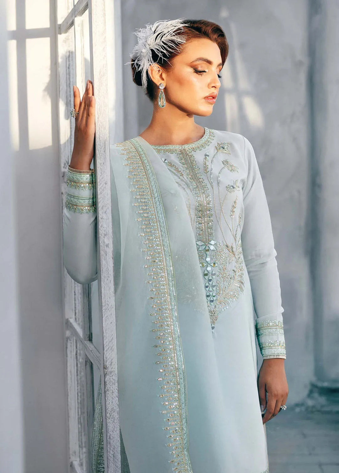 Jamnii Pret Embroidered Silk 3 Piece Suit Aqua Bloom