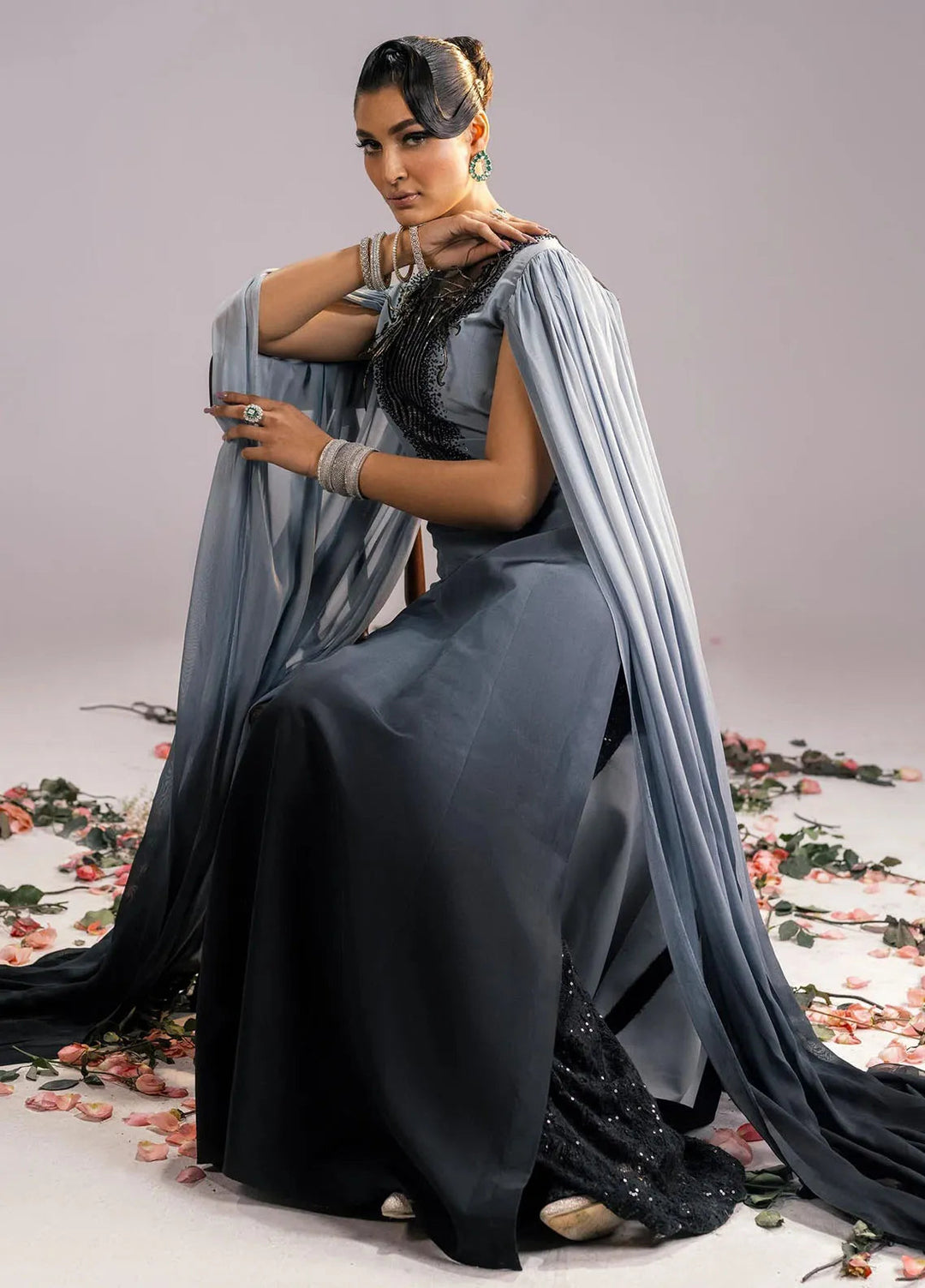 Jamnii Pret Embroidered Silk Ombre 2 Piece Suit Raven