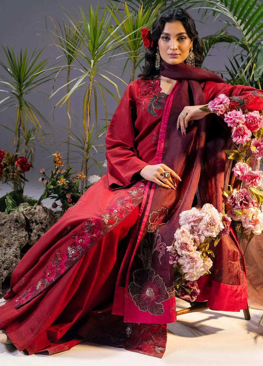 Jamnii Pret Embroidered Viscose 3 Piece Suit Scarlet Dream