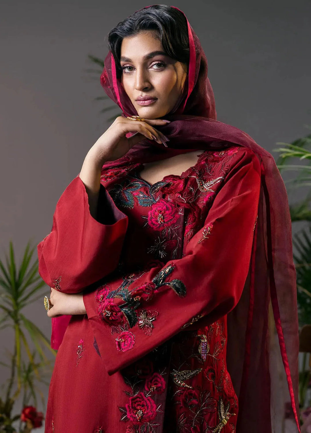 Jamnii Pret Embroidered Viscose 3 Piece Suit Scarlet Dream
