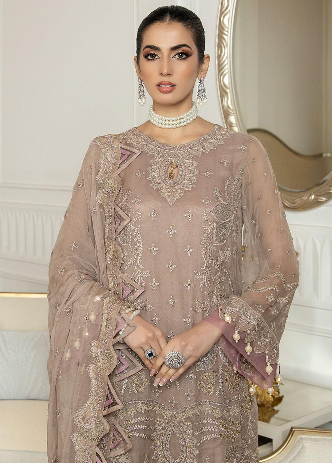 Jannan By Riaz Arts Embroidered Chiffon Suits Unstitched 3 Piece RA23WD JL-34 - Wedding Collection