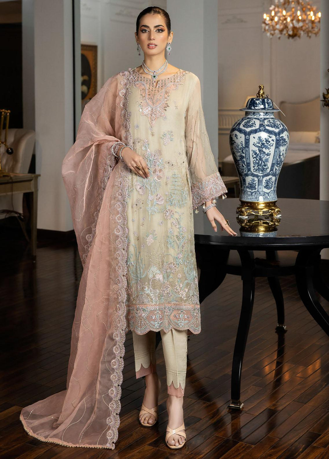 Jannan By Riaz Arts Embroidered Chiffon Suits Unstitched 3 Piece RA23WD JL-36 - Wedding Collection