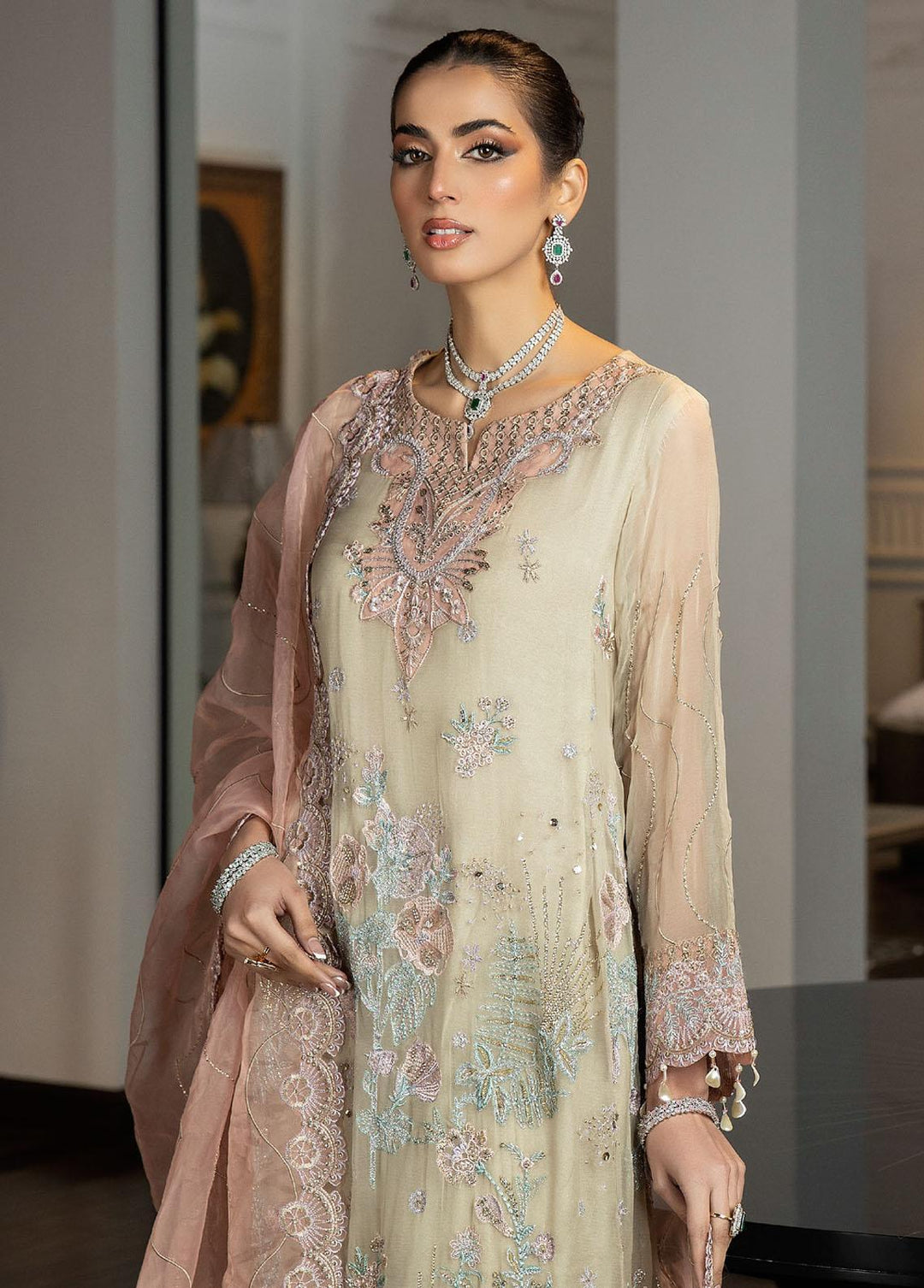 Jannan By Riaz Arts Embroidered Chiffon Suits Unstitched 3 Piece RA23WD JL-36 - Wedding Collection
