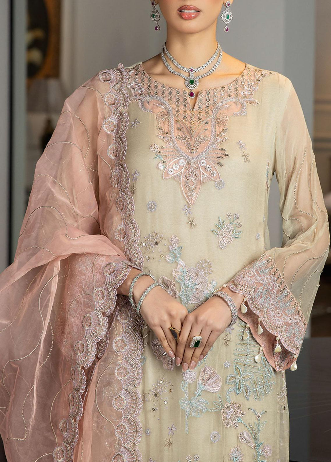 Jannan By Riaz Arts Embroidered Chiffon Suits Unstitched 3 Piece RA23WD JL-36 - Wedding Collection
