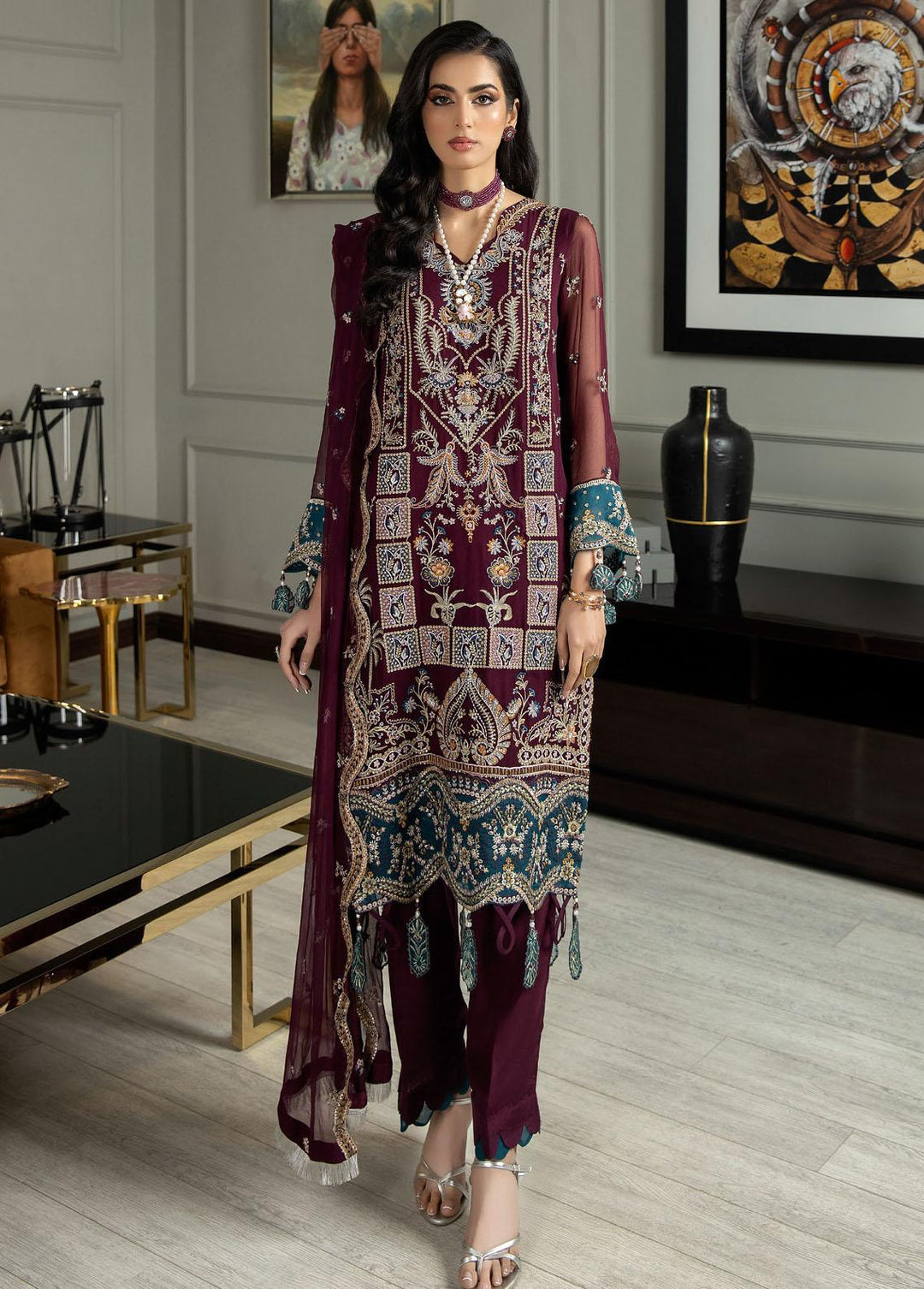 Jannan By Riaz Arts Embroidered Chiffon Suits Unstitched 3 Piece RA23WD JL-40 - Wedding Collection