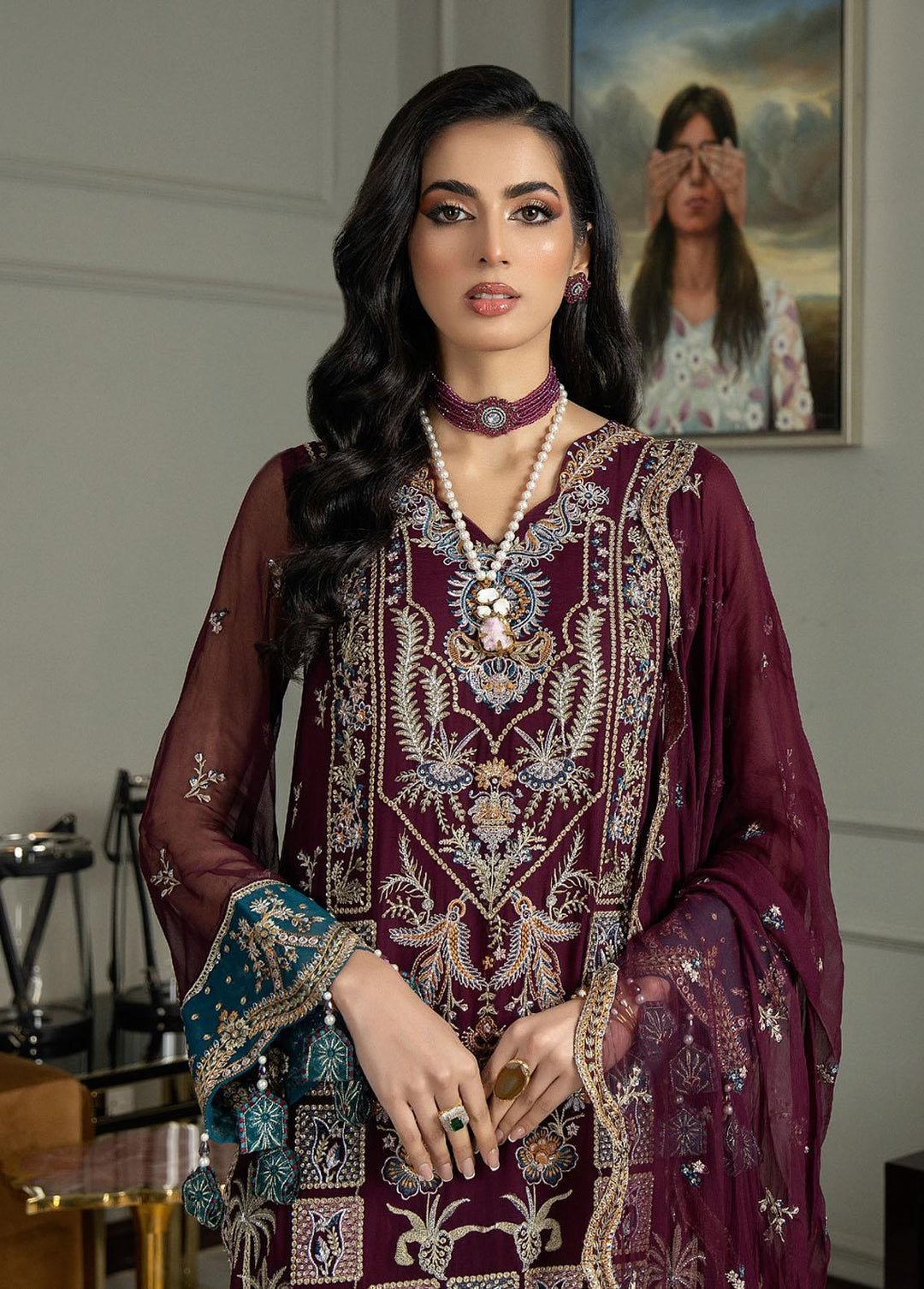 Jannan By Riaz Arts Embroidered Chiffon Suits Unstitched 3 Piece RA23WD JL-40 - Wedding Collection