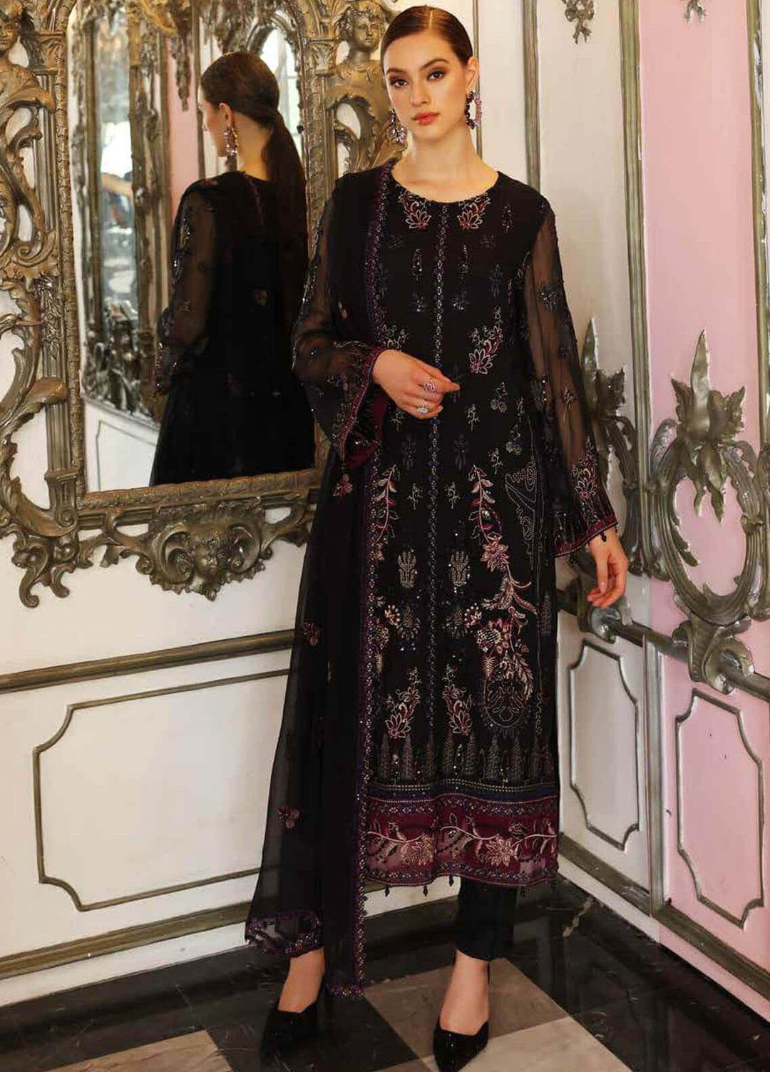 Jannan By Riaz Arts Embroidered Chiffon Suits Unstitched 3 Piece RA22WD JL-23 - Wedding Collection