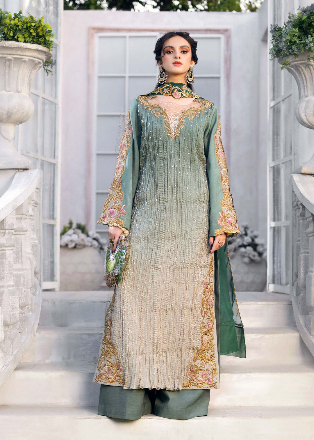 Jamnii Pret Embroidered Chiffon 3 Piece Suit Sage