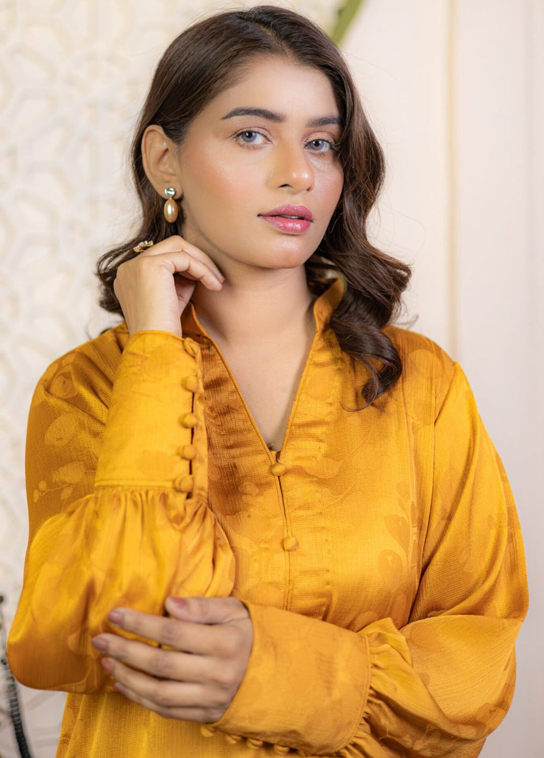 Javeria khalid Pret Printed Korean silk 2 Piece Suit Golden Bloom