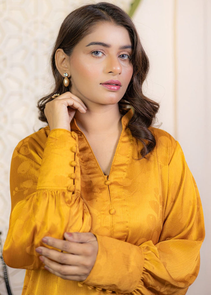 Javeria khalid Pret Printed Korean silk 2 Piece Suit Golden Bloom