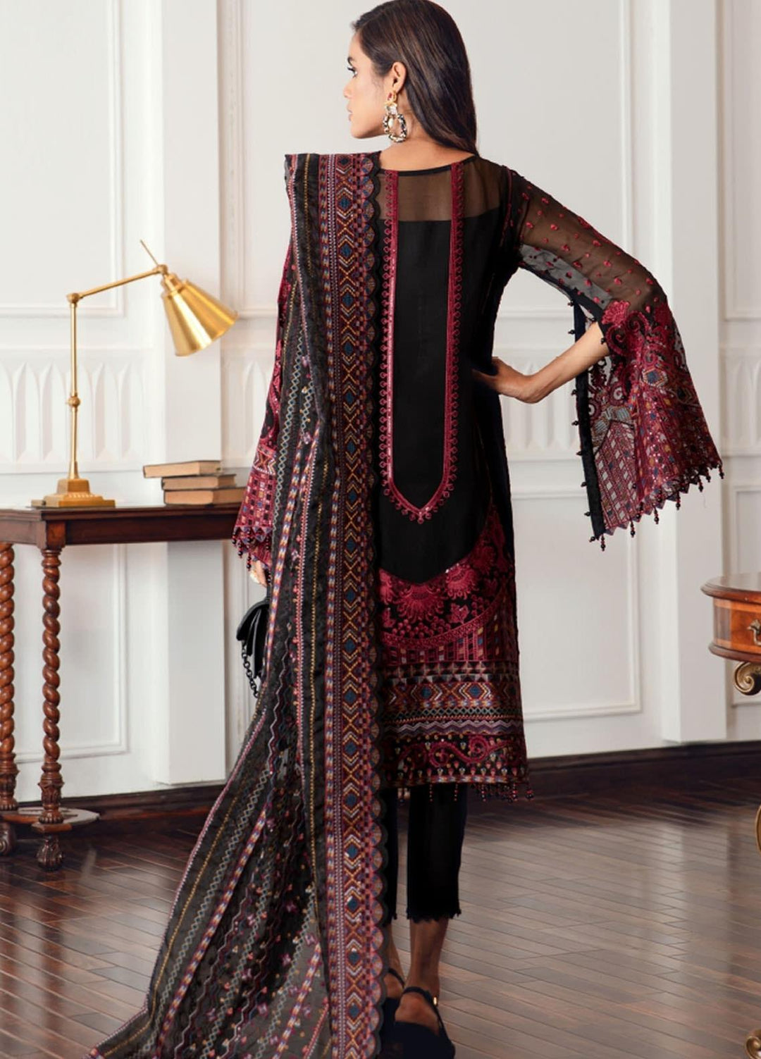 Jazmin Embroidered Chiffon Suits Unstitched 3 Piece JZ21EC 08-BLACK ROCOCO - Festive Collection