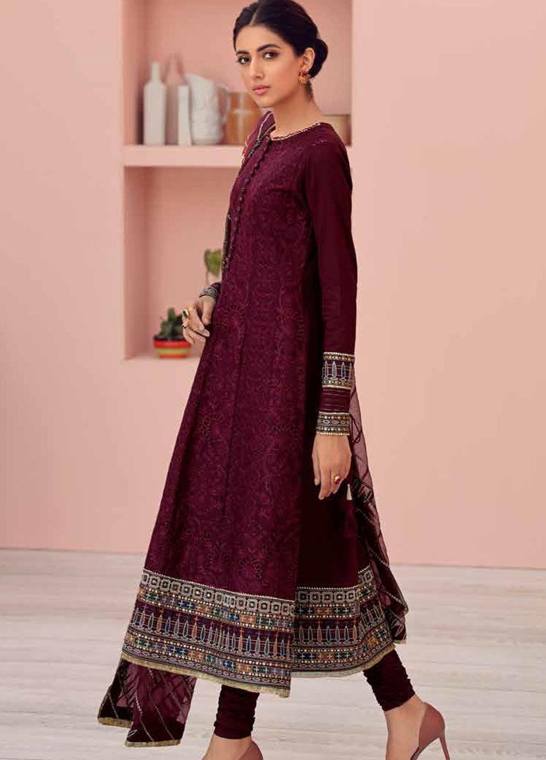 Jazmin Embroidered Lawn Suits Unstitched 3 Piece JZ21IL 01-WINE BERRY - Summer Collection