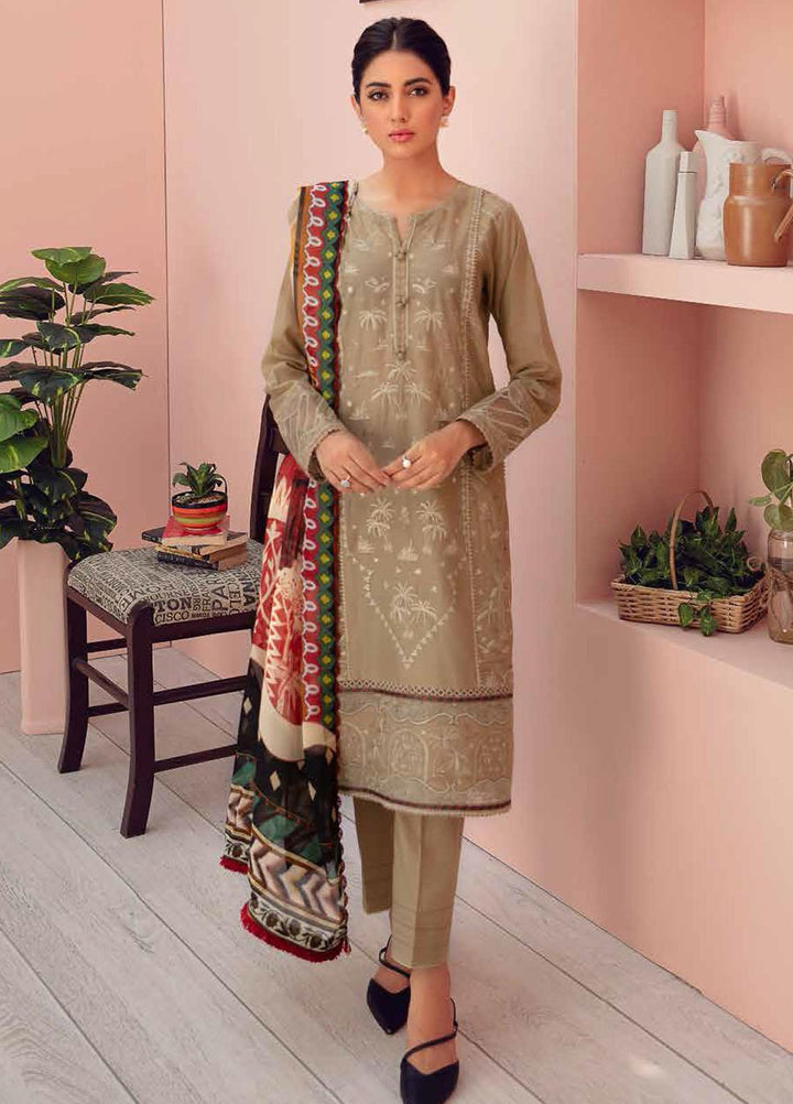 Jazmin Embroidered Lawn Suits Unstitched 3 Piece JZ21IL 06-CAMEL BEIGE - Summer Collection