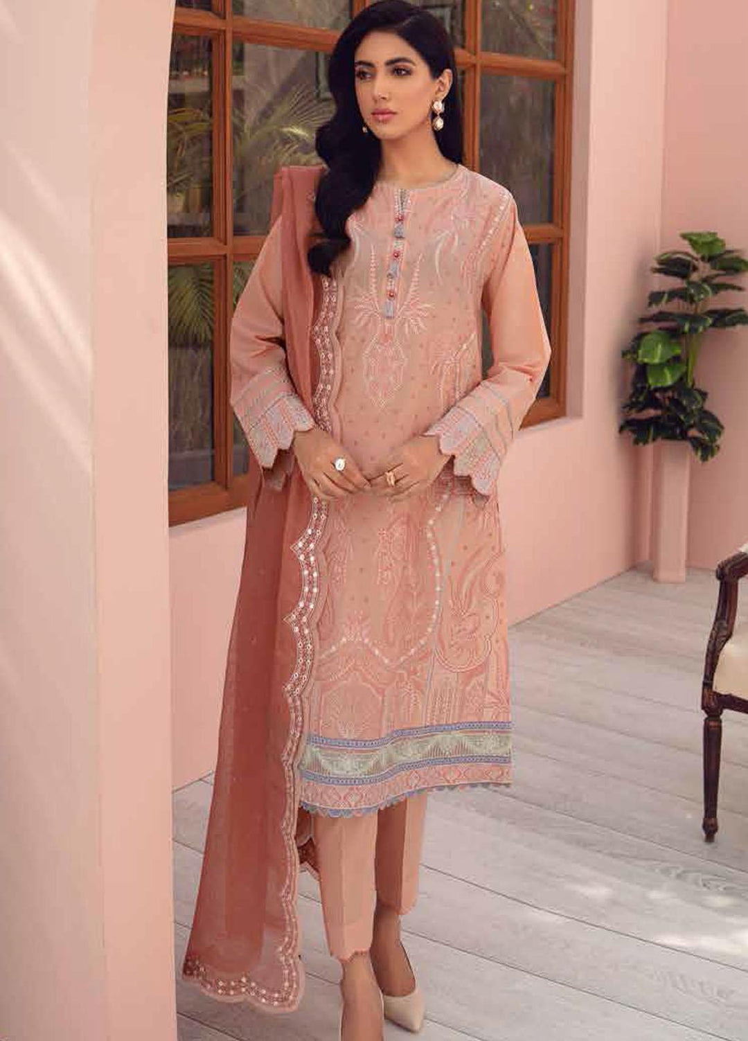 Jazmin Embroidered Lawn Suits Unstitched 3 Piece JZ21IL 07-CORAL DREAM - Summer Collection