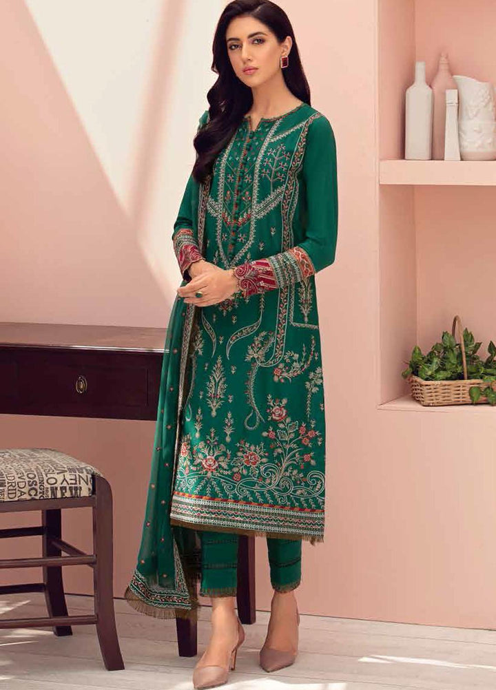 Jazmin Embroidered Lawn Suits Unstitched 3 Piece JZ21IL 08-FOREST GREEN - Summer Collection