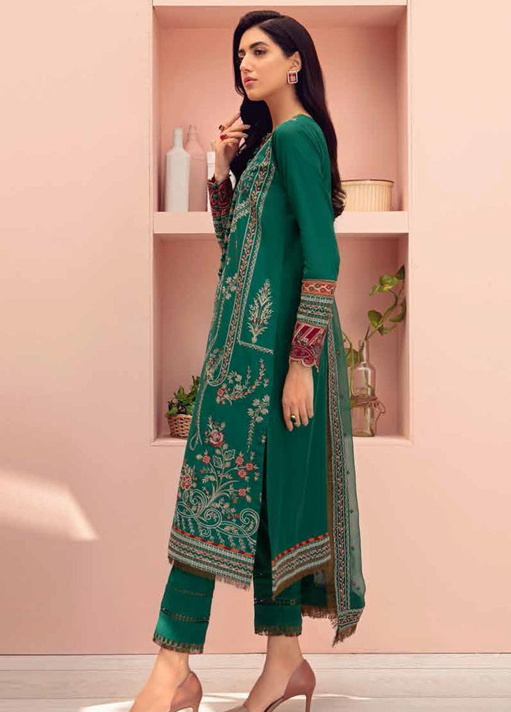 Jazmin Embroidered Lawn Suits Unstitched 3 Piece JZ21IL 08-FOREST GREEN - Summer Collection
