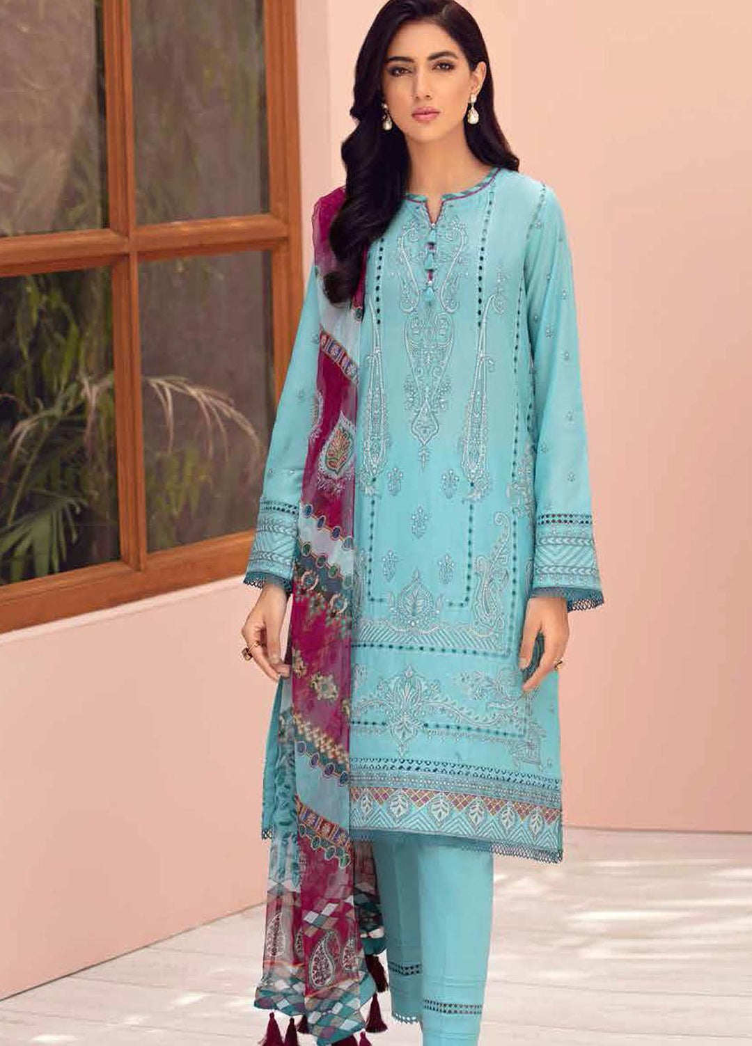 Jazmin Embroidered Lawn Suits Unstitched 3 Piece JZ21IL 10-OCEAN BLUE - Summer Collection