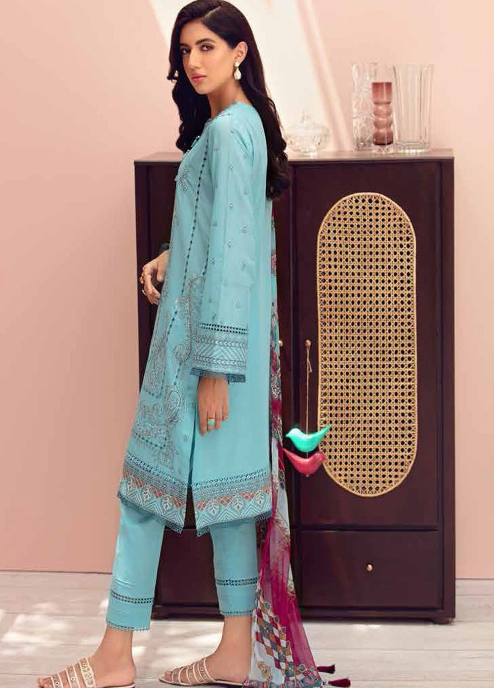 Jazmin Embroidered Lawn Suits Unstitched 3 Piece JZ21IL 10-OCEAN BLUE - Summer Collection